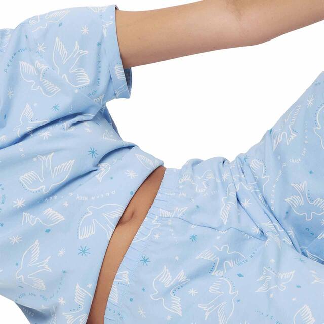 M&S Womens Cotton Rich Leaf Print Pyjama Set, Blue, S-XL thumbnail 3