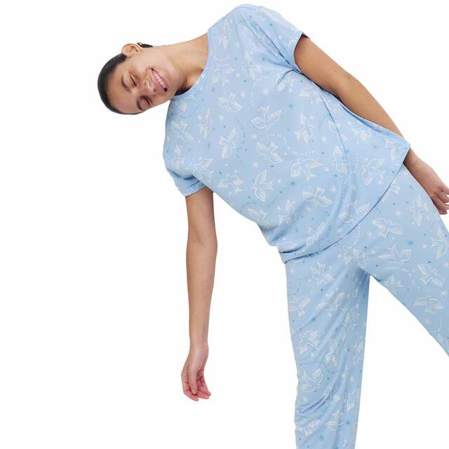 M&S Womens Cotton Rich Leaf Print Pyjama Set, Blue, S-XL thumbnail 4