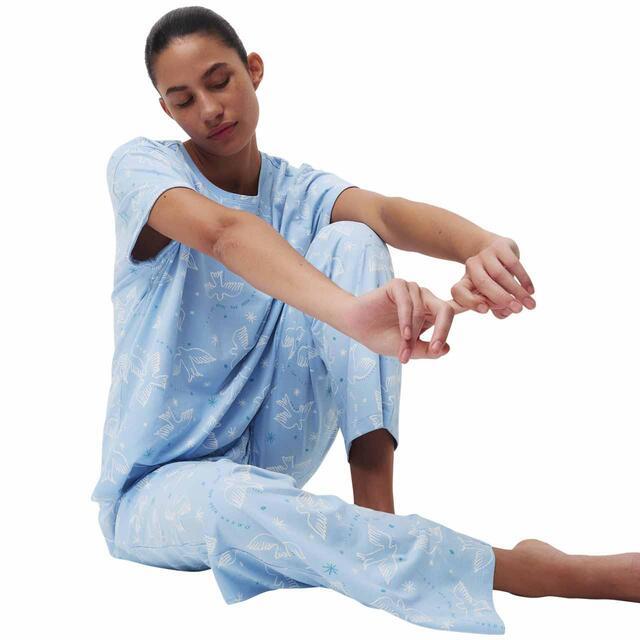 M&S Womens Cotton Rich Leaf Print Pyjama Set, Blue, S-XL thumbnail 5