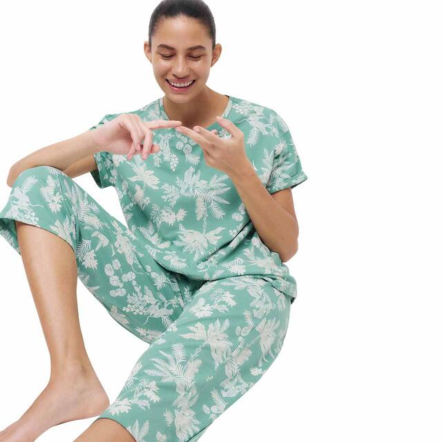 M&S Womens Floral Print Cropped Pyjama Set, S-XL, Seafoam thumbnail 3