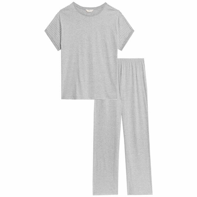M&S Womens Stripe Print Pyjama Set, S-XL, Grey