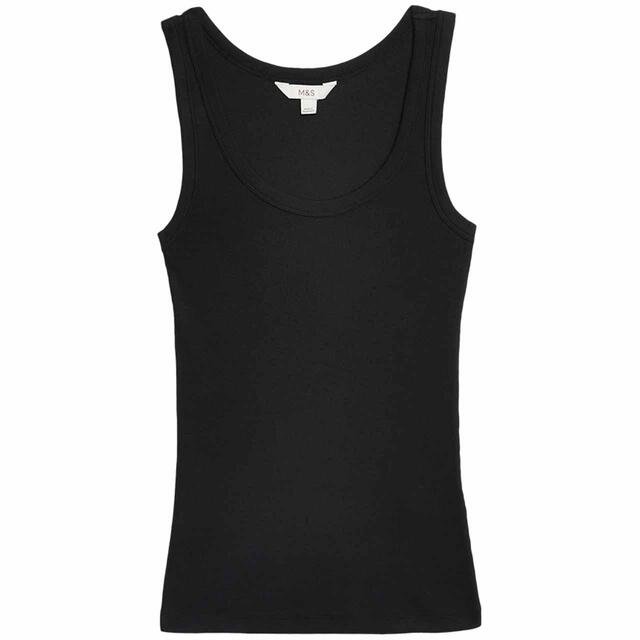 M&S Womens Cotton Rich Ribbed Slim Fit Vest Top, Black