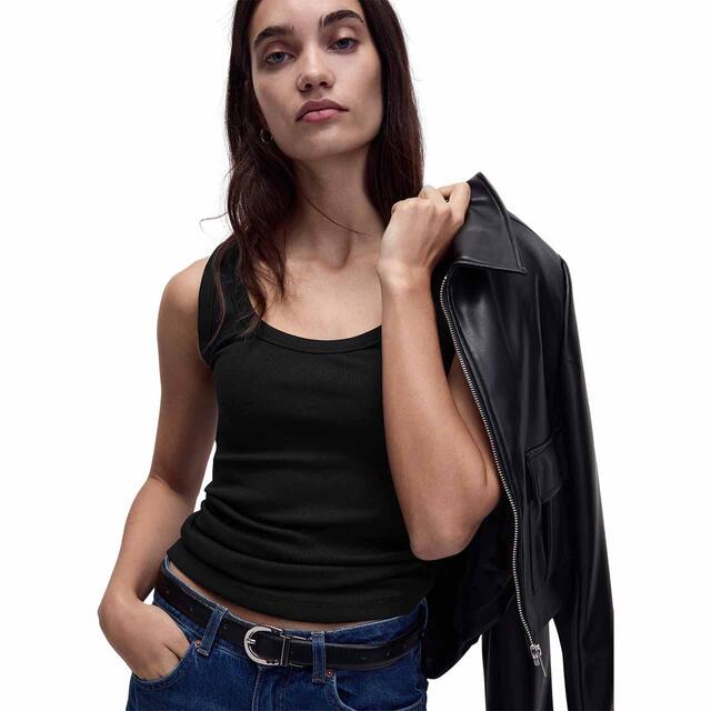 M&S Womens Cotton Rich Ribbed Slim Fit Vest Top, Black thumbnail 2