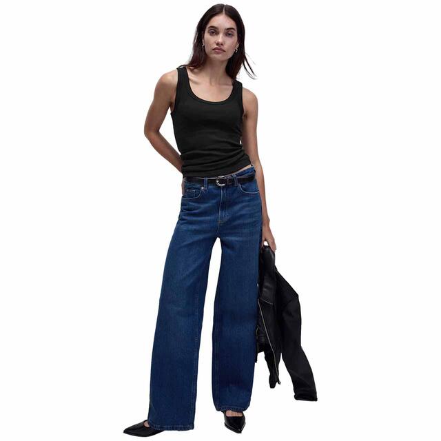 M&S Womens Cotton Rich Ribbed Slim Fit Vest Top, Black thumbnail 4