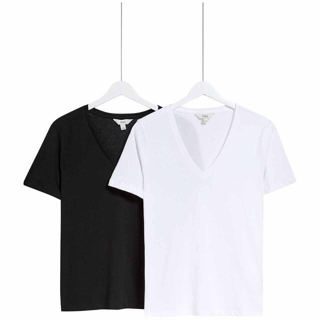 M&S Womens Pure Cotton V-neck T-Shirts, Black/White, 2pk