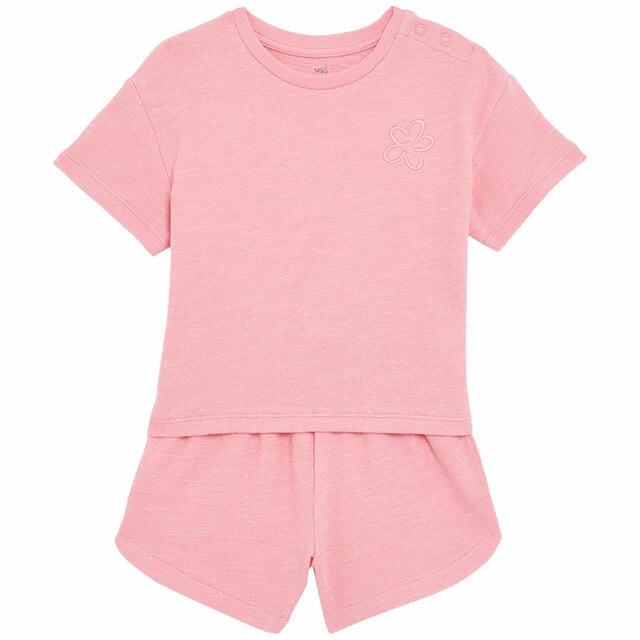 M&S Girls Pure Cotton T-Shirt & Shorts Outfit, Pink