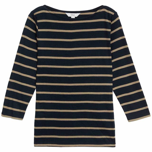 M&S Womens Pure Cotton Striped, Slim Fit Top, size 10, Dark Navy Mix