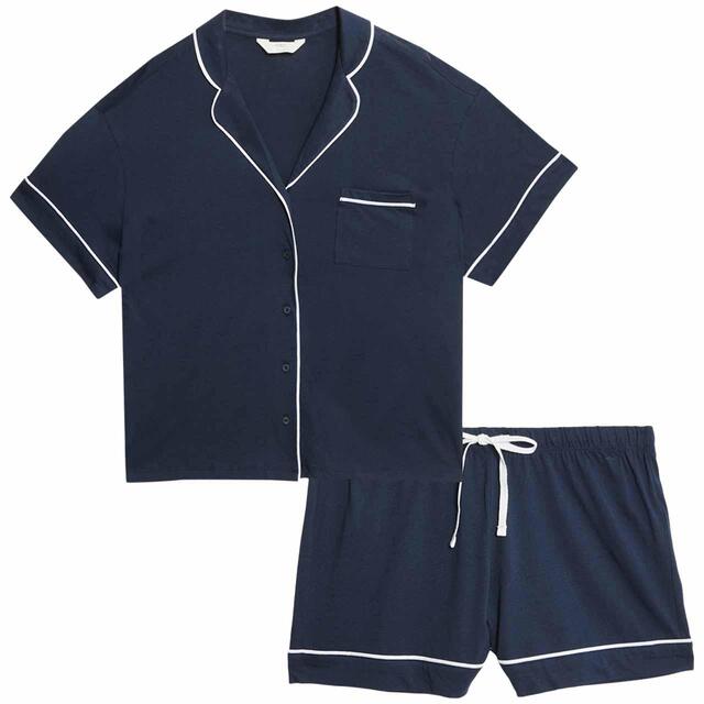 M&S Cotton Modal Revere Shortie Set, S-XL, Navy