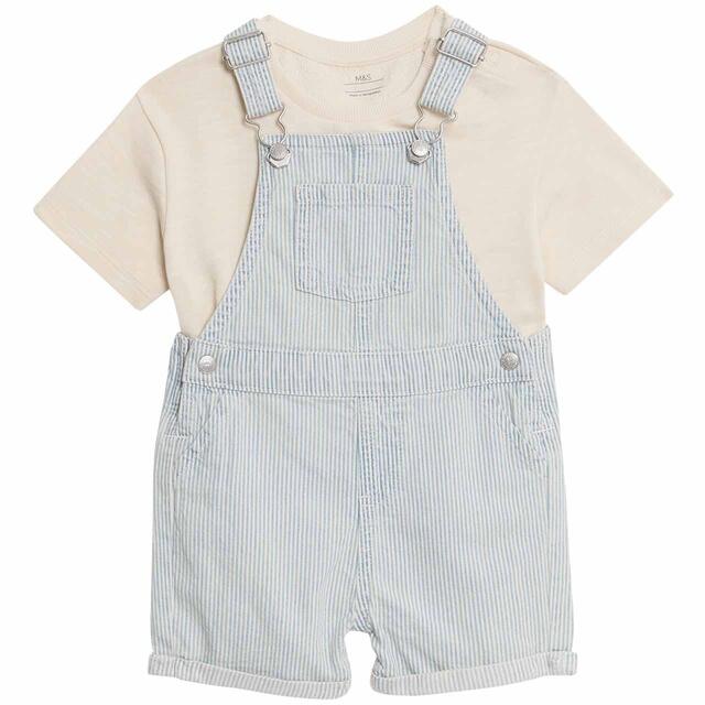M&S Boys 2pc Cotton Rich Dungaree Outfit 9-12 Months Blue Mix