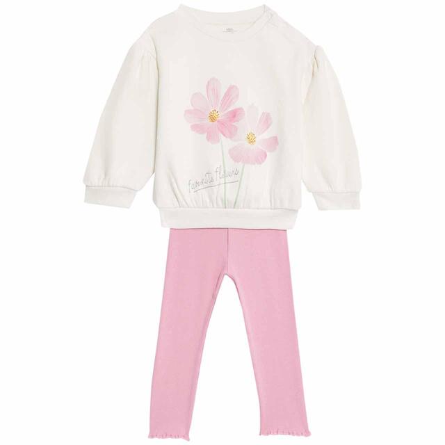 M&S Girls Cotton Rich Floral Top & Leggings, 0-3 Years, Ivory