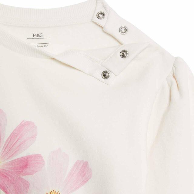 M&S Girls Cotton Rich Floral Top & Leggings, 0-3 Years, Ivory thumbnail 2