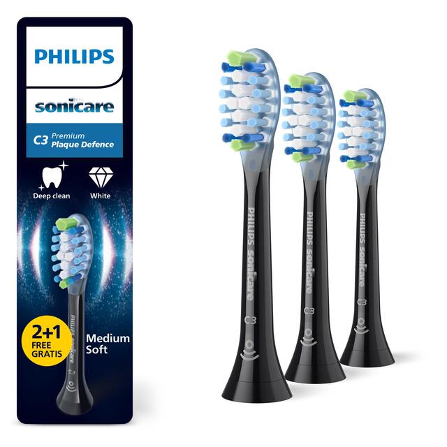 Philips Sonicare C3 Premium Plaque Defence Brush Head, Black, 2+1 Pack