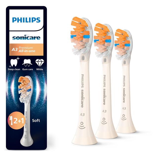 Philips Sonicare Genuine A3 Premium All-in-One Brush Head, White, 2+1 Pack