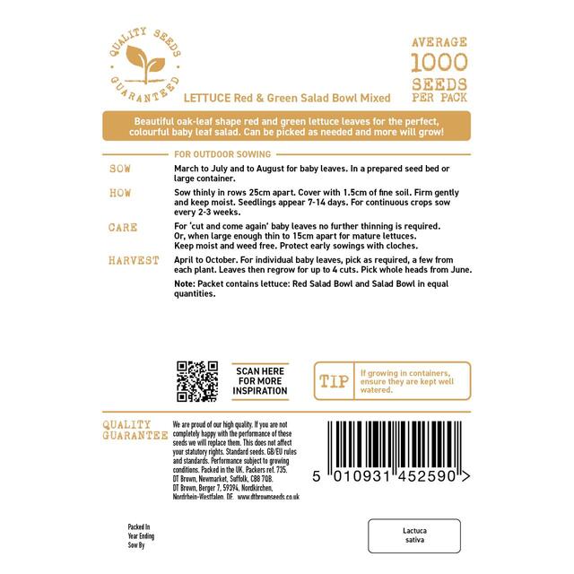 Mr Fothergills Seeds - D.T. Brown Lettuce Red & Green Salad Bowl Mixed thumbnail 2