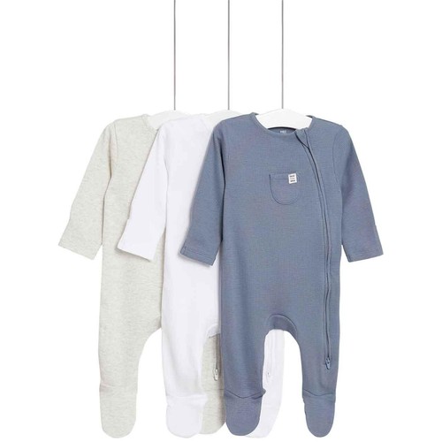 M&S Girls 3pk Cotton Rich Striped & Plain Sleepsuits, 6-9 Months, Blue Mix