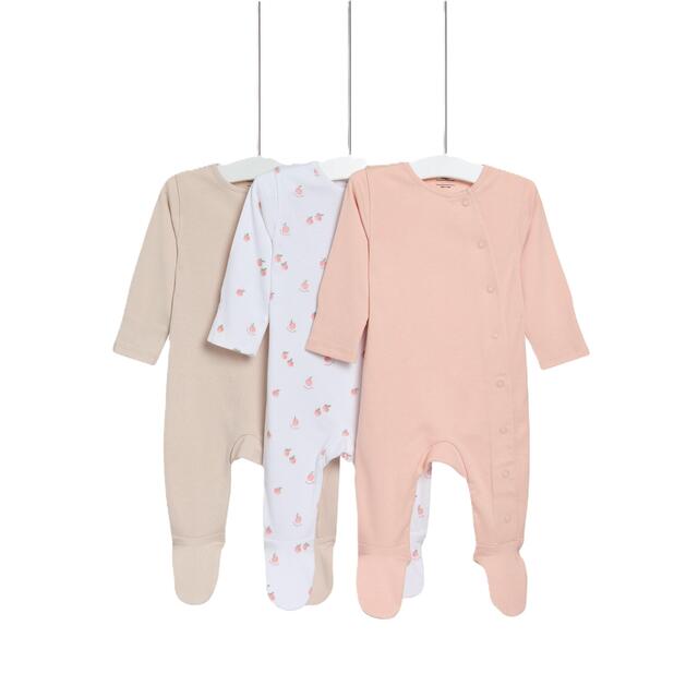M&S Girls 3pk Pure Cotton Peach Sleepsuits, 6-9 Months, Peach Mix