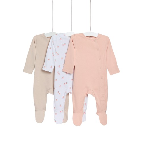 M&S Girls 3pk Pure Cotton Peach Sleepsuits, 9-12 Months, Peach Mix