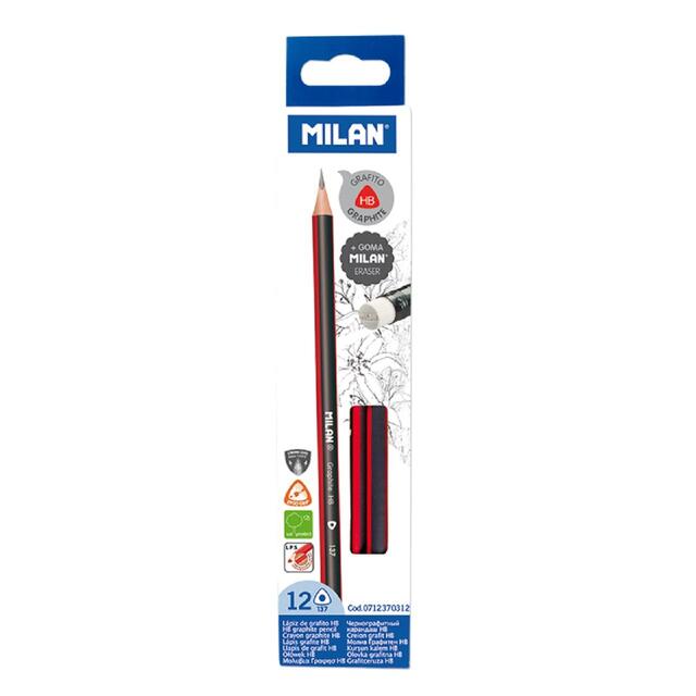 MILAN Box 12 HB triangular graphite pencils with eraser