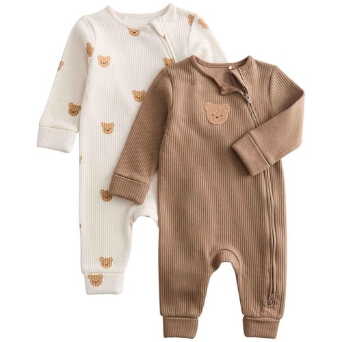 M&S Cotton Blend Bear Cosy Rib Sleepsuits, 6-9 Months, Brown thumbnail 2