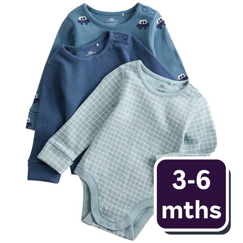 M&S Baby 3pk Pure Cotton Car Long Sleeve Bodysuits, 18-24 Months, Navy