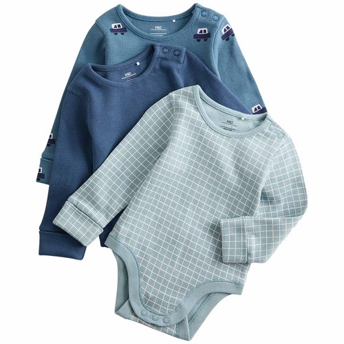 M&S Baby 3pk Pure Cotton Car Long Sleeve Bodysuits, 6-9 Months, Navy