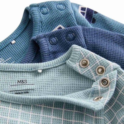 M&S Baby 3pk Pure Cotton Car Long Sleeve Bodysuits, 6-9 Months, Navy thumbnail 2