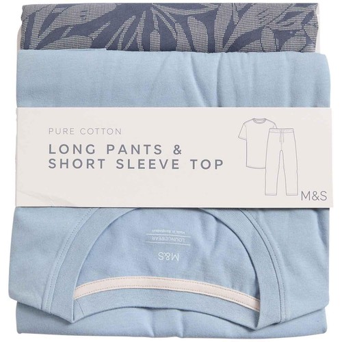 M&S Mens Pure Cotton Palm Print Pyjama Set, M, Light Blue