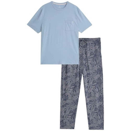 M&S Mens Pure Cotton Palm Print Pyjama Set, L, Light Blue thumbnail 2