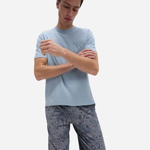 M&S Mens Pure Cotton Palm Print Pyjama Set, XL, Light Blue thumbnail 3
