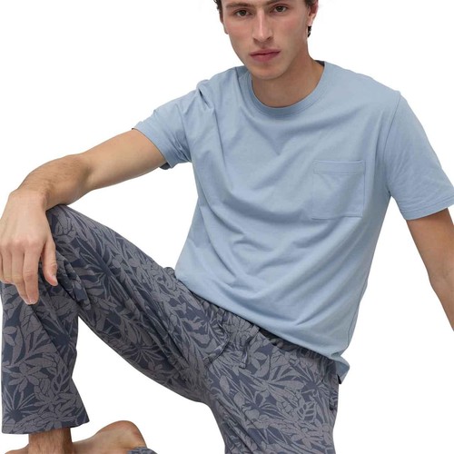 M&S Mens Pure Cotton Palm Print Pyjama Set, XXL, Light Blue thumbnail 5