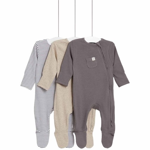 M&S Collection Girls, Cotton Striped & Plain Sleepsuits, 6-9 Months, Grey thumbnail 2