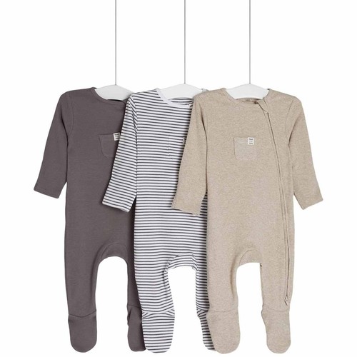 M&S Collection Girls, Cotton Striped & Plain Sleepsuits, 6-9 Months, Grey thumbnail 3