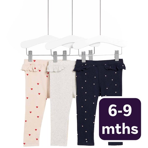 M&S Heart Cotton Leggings, 6-9 Months, Navy/Pink