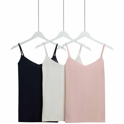 M&S Womens Cotton Rich Strappy Vests, 12, Navy