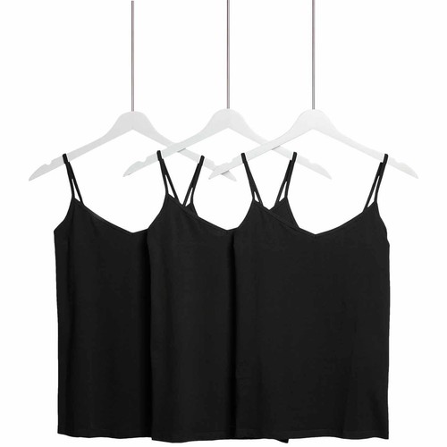 M&S Womens Cotton Rich Strappy Vests, 12, Black