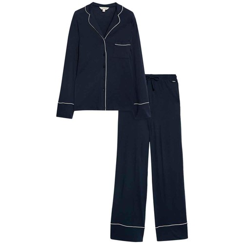 M&S Womens Autograph Cotton Modal Revere Pyjamas, M, Navy thumbnail 4