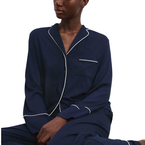 M&S Womens Autograph Cotton Modal Revere Pyjamas, M, Navy thumbnail 8
