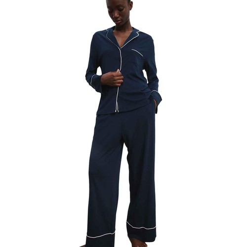 M&S Womens Autograph Cotton Modal Revere Pyjamas, XL, Navy thumbnail 4