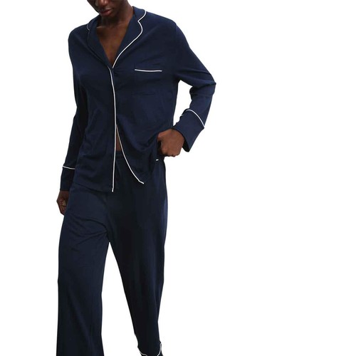 M&S Womens Autograph Cotton Modal Revere Pyjamas, XL, Navy thumbnail 6