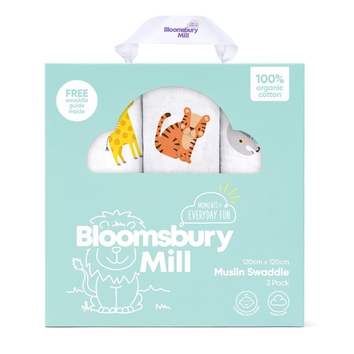 Bloomsbury Mill Organic Muslin Swaddle Blankets, Jungle Cubs. 3 pack