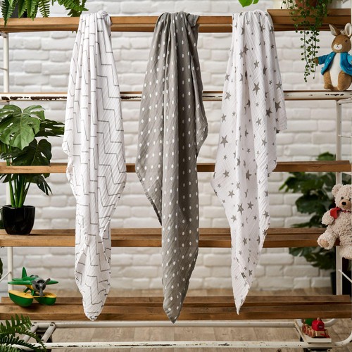 Bloomsbury Mill Organic Muslin Squares, Grey/White, 3 pack thumbnail 4