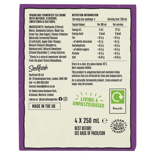 Lo Bros Kombucha Raspberry & Blackcurrant Low Sugar Multipack thumbnail 4