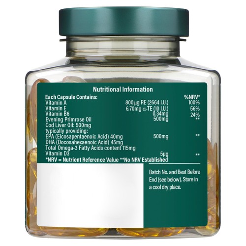 Holland & Barrett Pure Cod Liver Oil & Evening Primrose Oil 500mg Capsules thumbnail 2