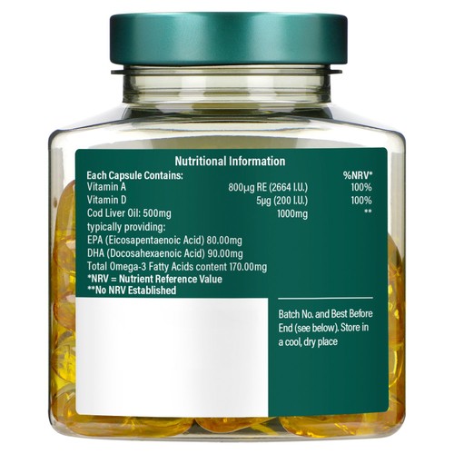 Holland & Barrett High Strength Pure Cod Liver Oil 1000mg Capsules thumbnail 2