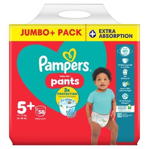Pampers Baby-Dry Nappy Pants Size 5+ Extra Absorption Jumbo+ Pack thumbnail 5