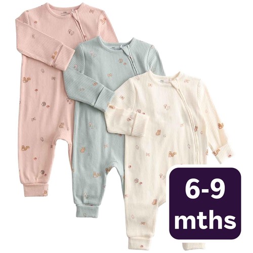 M&S Girls Cotton Rich Woodland Print Sleepsuits, 6-9 M, Ivory