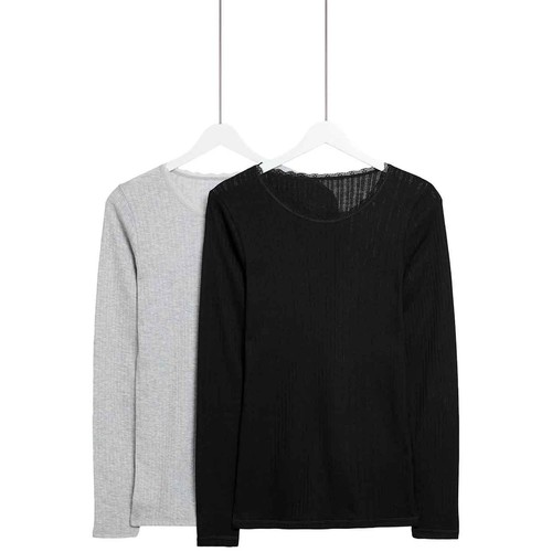 M&S Womens Pointelle Thermal Long Sleeve Tops, 16, Black