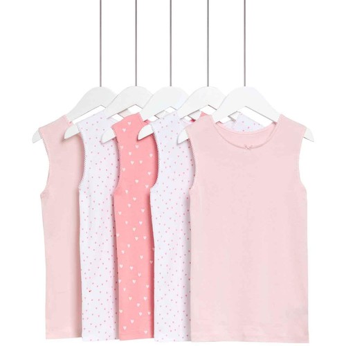 M&S Girls Pure Cotton Heart Print Vests, 9-10 Years, Pink Mix thumbnail 3