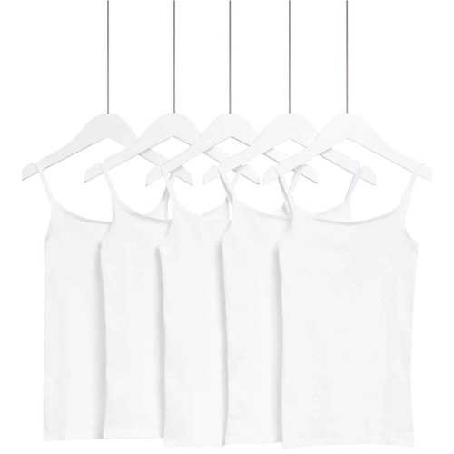 M&S Girls 5pk Cotton Cami Tops, White, 8-9 Years
