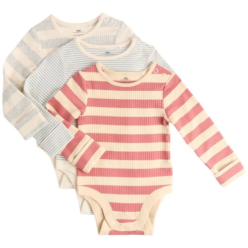 M&S Boys Cotton Rich Striped Long Sleeve Bodysuits, 3-6 M, Red